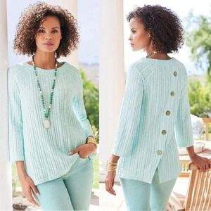 Soft Surroundings L Aqua Textured Button Back Top GOLDIE Tunic Coastal Lagenlook
